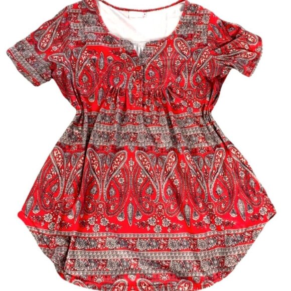Halife Short Sleeve Henley Tunic Top Paisley Red Sz M #3E - Picture 6 of 7